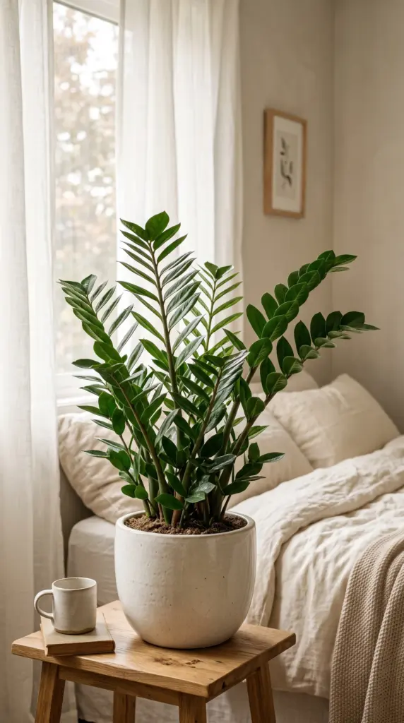 Glossy green ZZ plant in a neutral ceramic pot on a bedroom side table.
