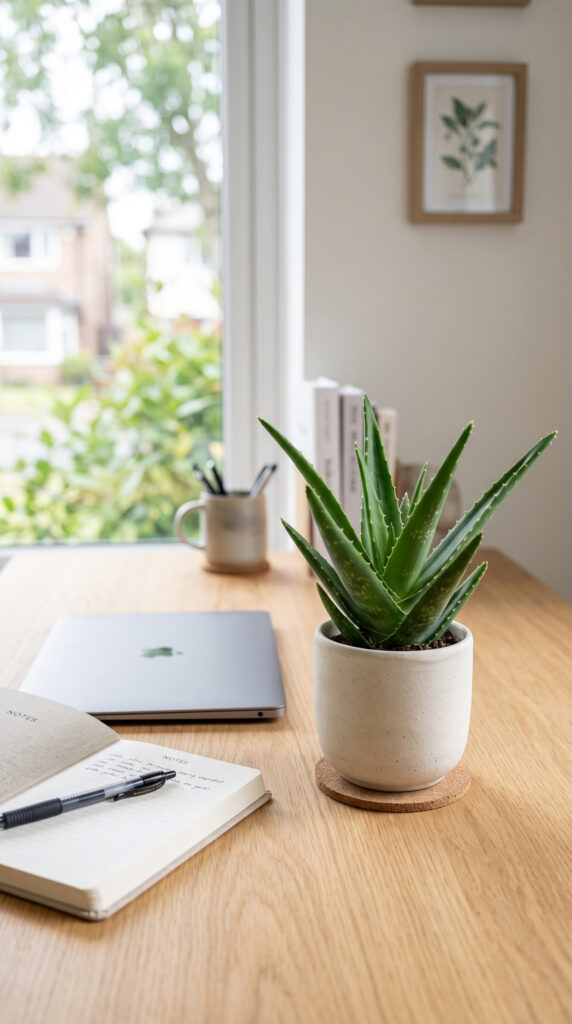 Aloe vera plant displayed on a minimalist home office desk.