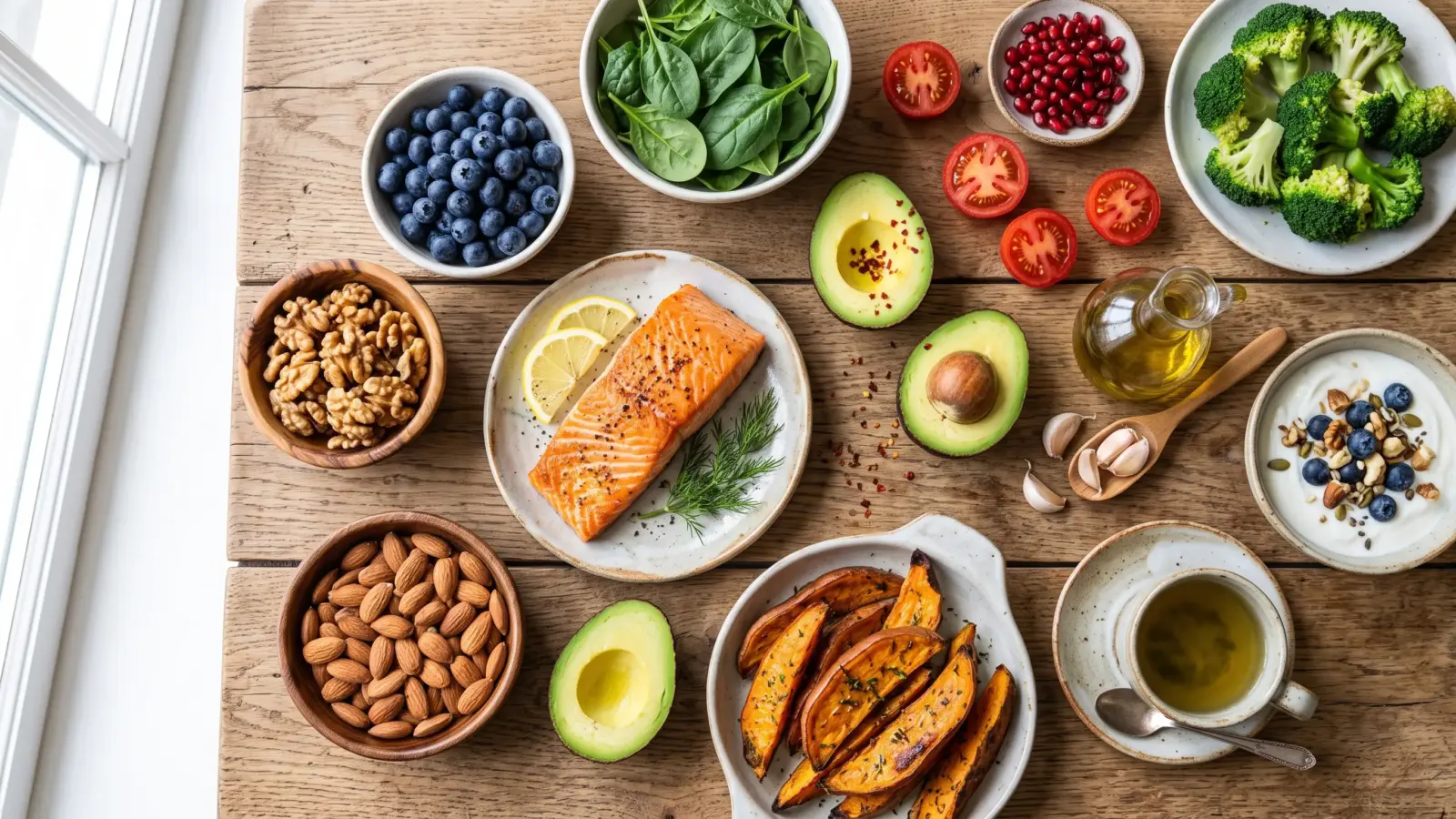 Colorful collection of anti-aging foods including blueberries, salmon, avocado, spinach, nuts, tomatoes, and pomegranate arranged on a wooden table.