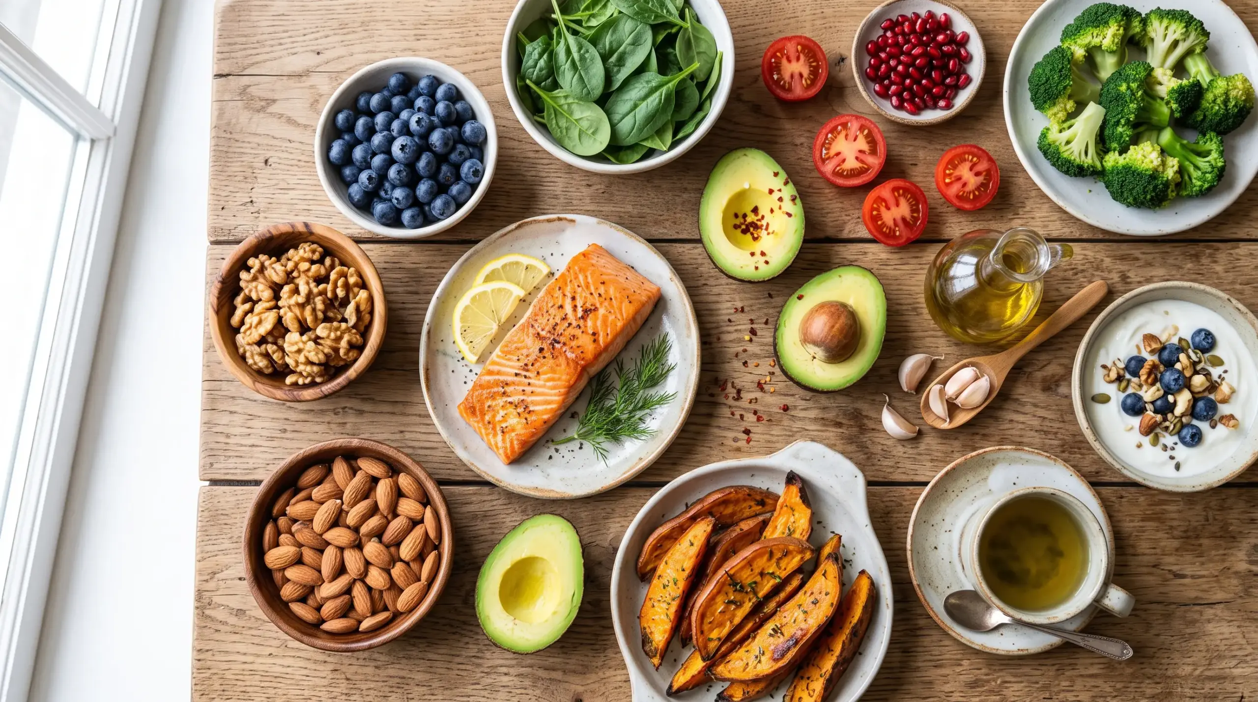 Colorful collection of anti-aging foods including blueberries, salmon, avocado, spinach, nuts, tomatoes, and pomegranate arranged on a wooden table.