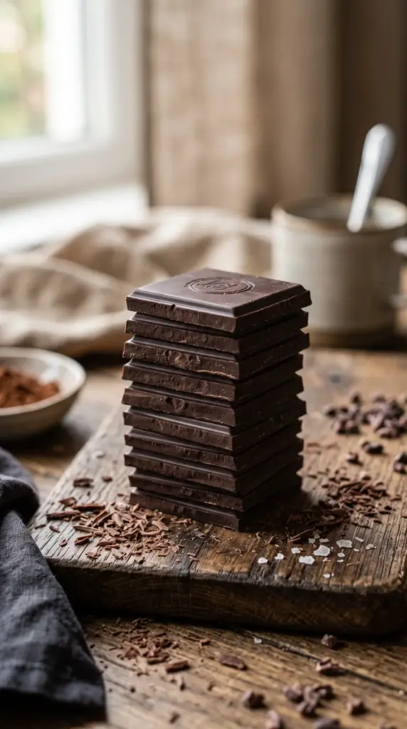 Dark chocolate squares arranged on a wooden board.