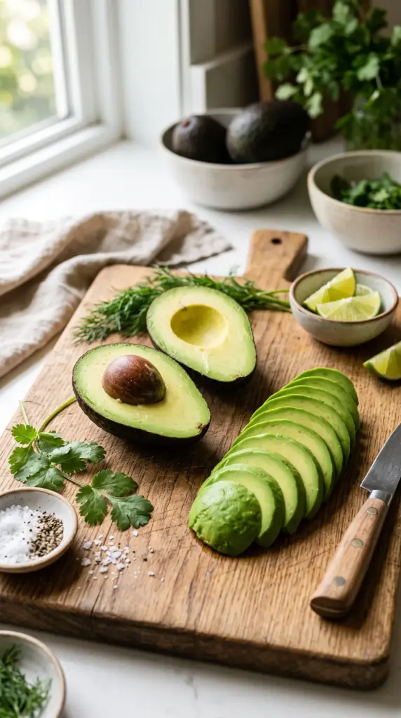 Fresh avocado halves and slices arranged on a wooden cutting board.