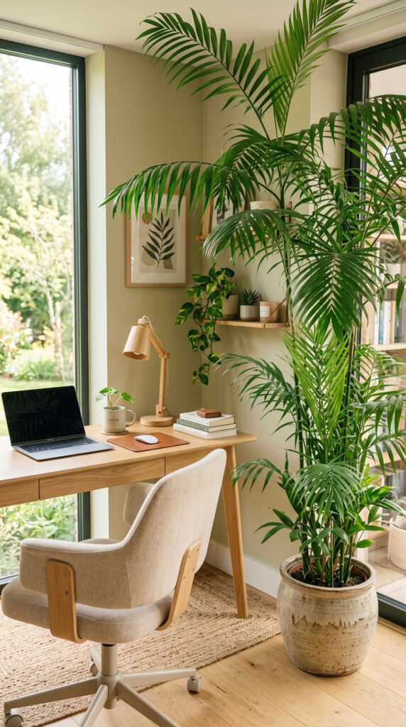 Bamboo palm creating a peaceful corner in a home office.