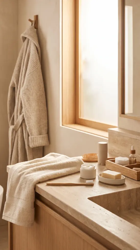Simple winter hygiene essentials arranged neatly in a bathroom