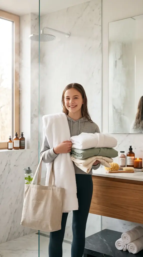 Teen girl enjoying a healthy daily shower routine in a bright bathroom.