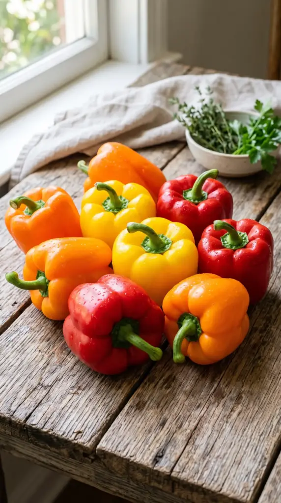 Red, yellow, and orange bell peppers arranged on a wooden table.