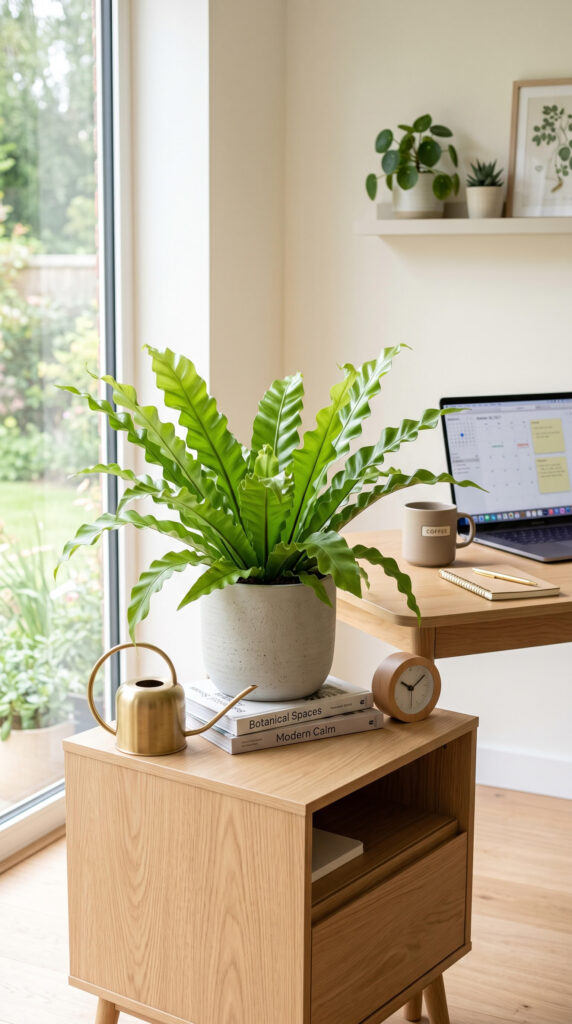 Bird's Nest Fern adding soft texture to a home office.