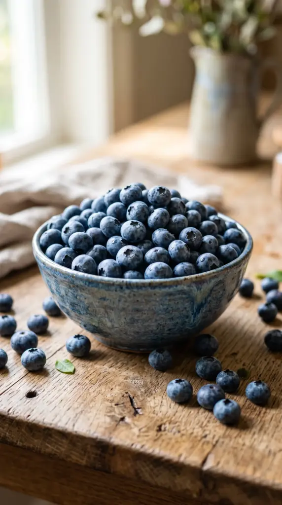 Blueberries in a ceramic bowl with fresh berries scattered on a wooden table.