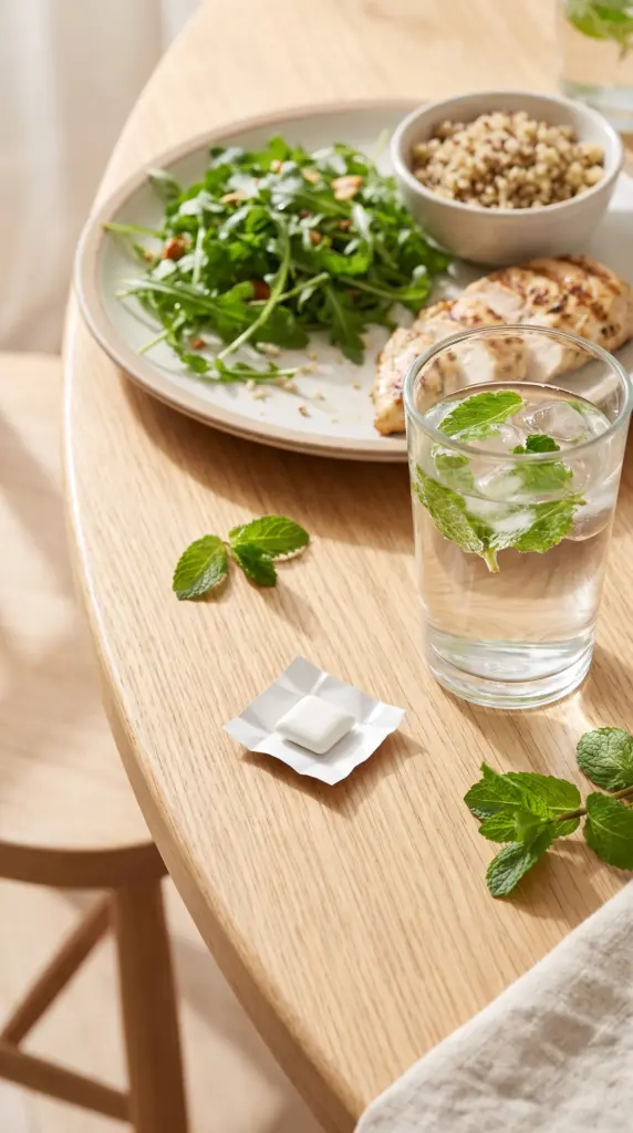 Sugar-free chewing gum beside a glass of water after a meal