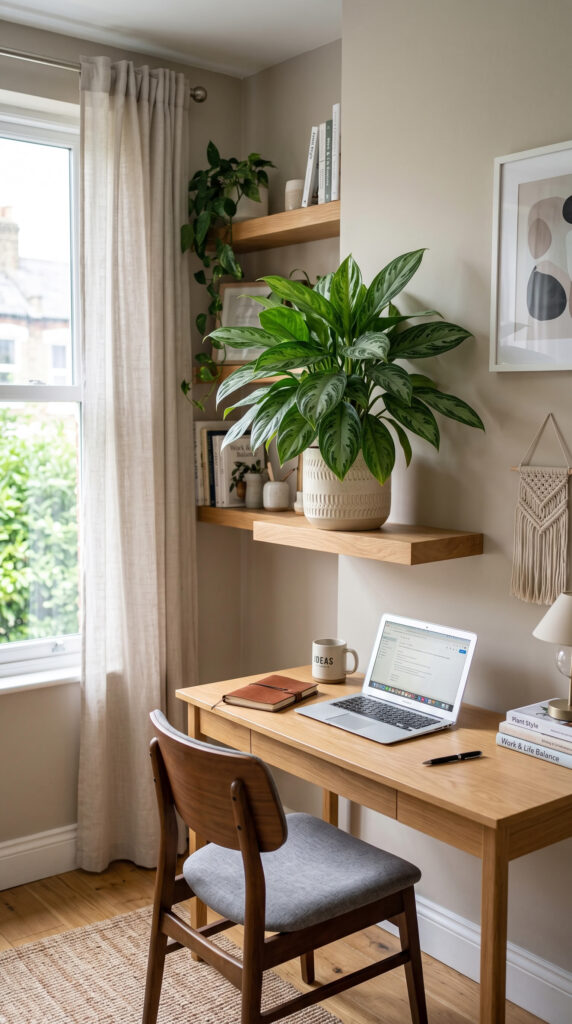 Chinese evergreen plant bringing color and texture to a workspace.