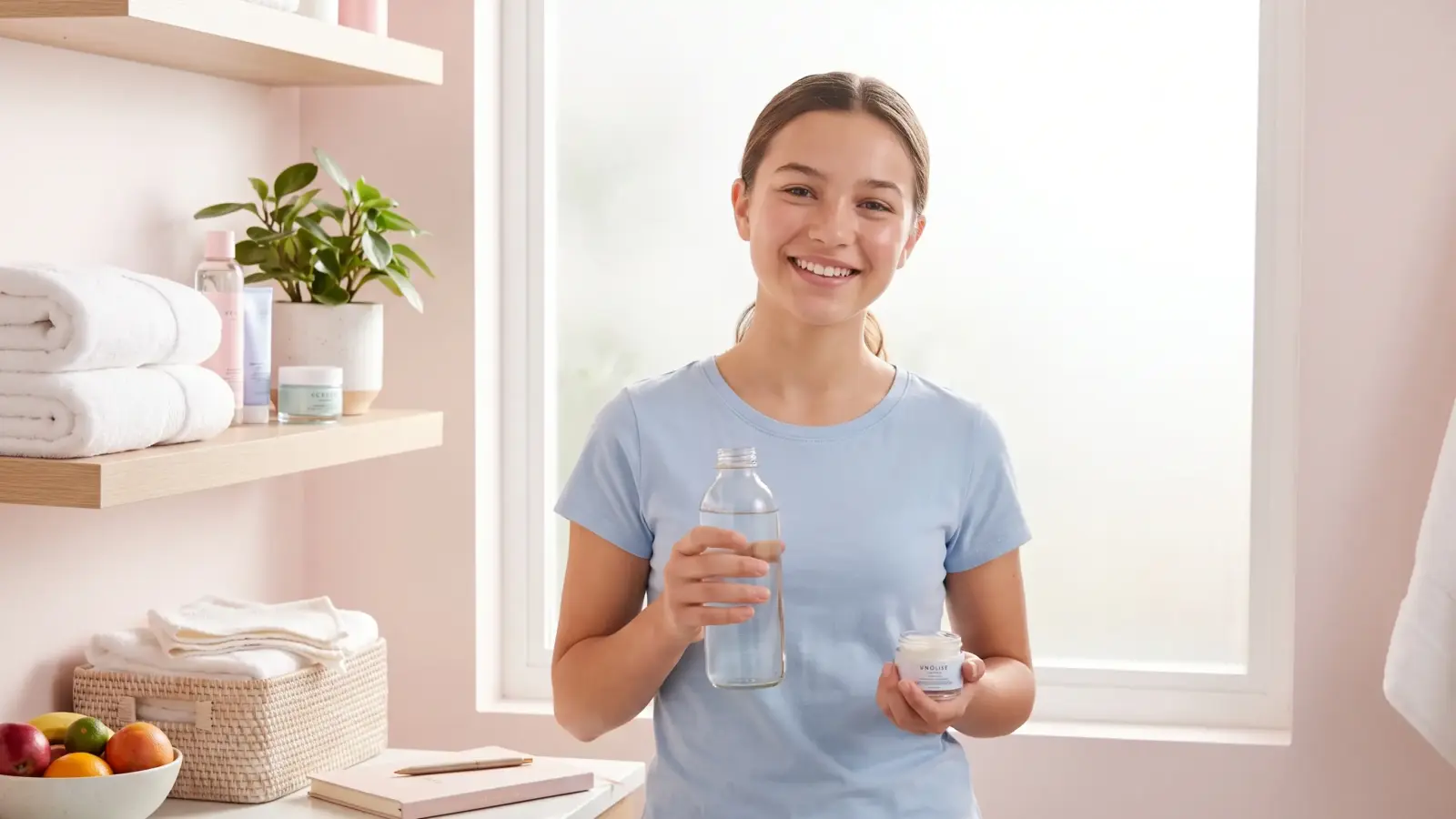 Teen girl practicing healthy feminine hygiene and personal care habits in a clean bathroom environment.
