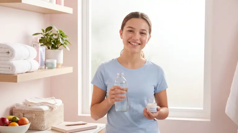 Teen girl practicing healthy feminine hygiene and personal care habits in a clean bathroom environment.