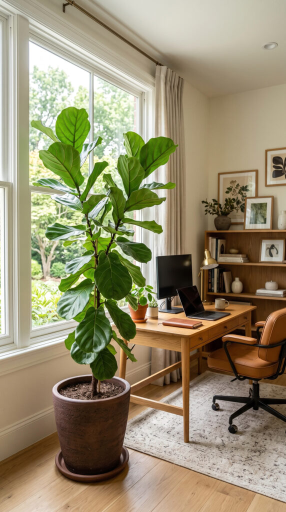 Fiddle leaf fig standing beside a bright home office window.