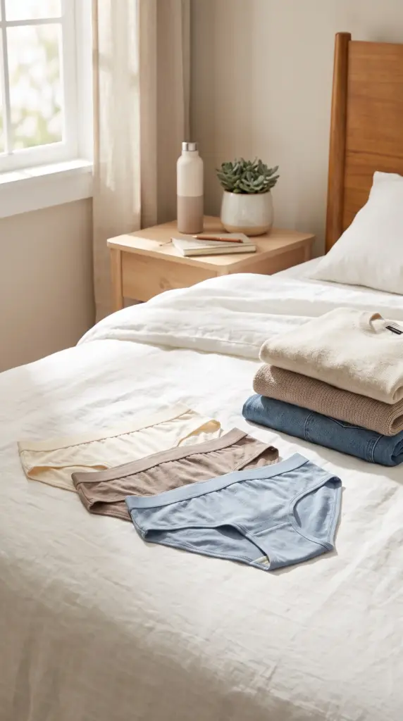 Neatly folded clean cotton underwear prepared for daily hygiene.
