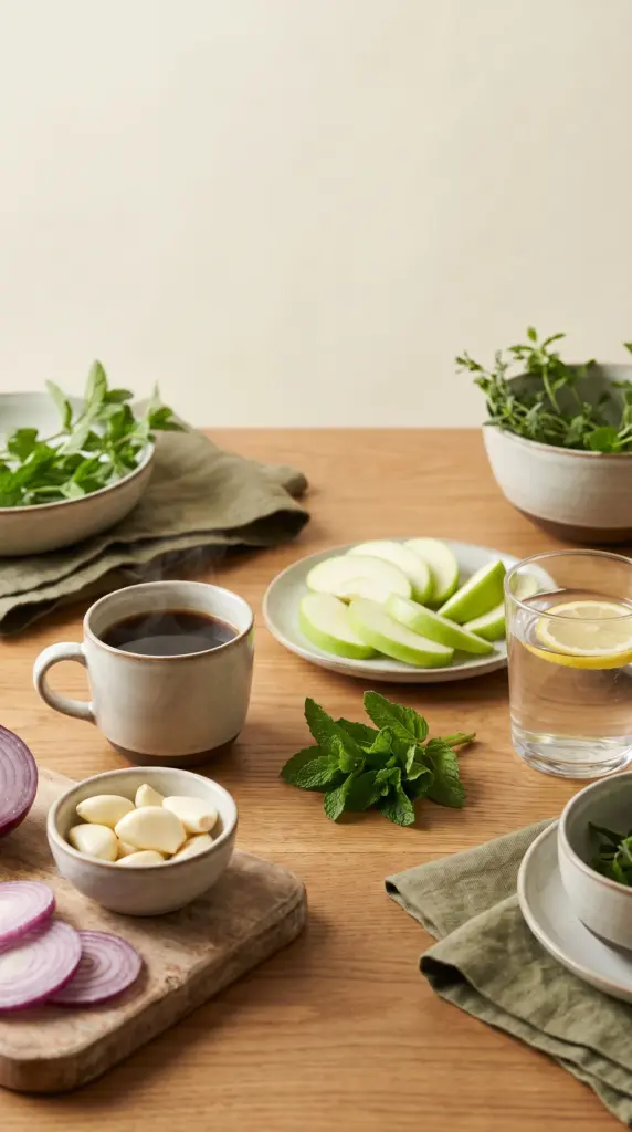 Garlic, onion, coffee, apple, and mint arranged on a kitchen table