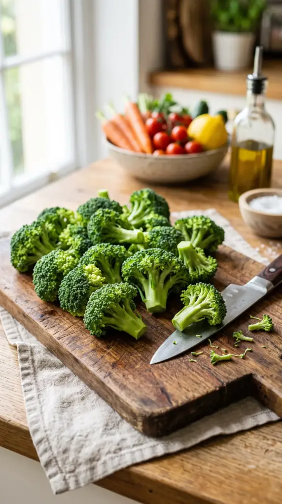 Fresh broccoli florets on a wooden cutting board.