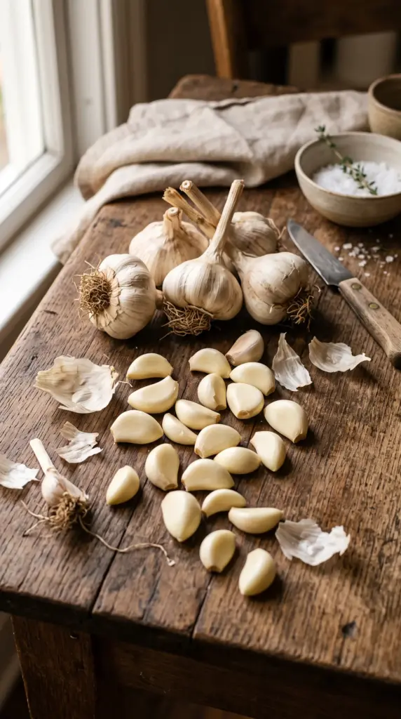 Fresh garlic bulbs and cloves on a rustic wooden surface.