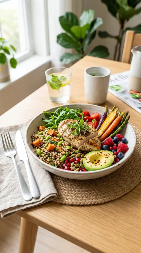 Healthy balanced meal with fruits, vegetables, whole grains, and protein.