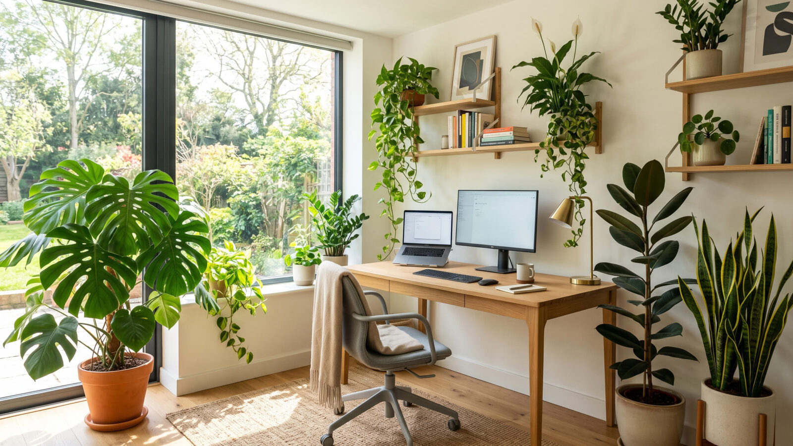 Modern home office filled with indoor plants creating a calm productive workspace.