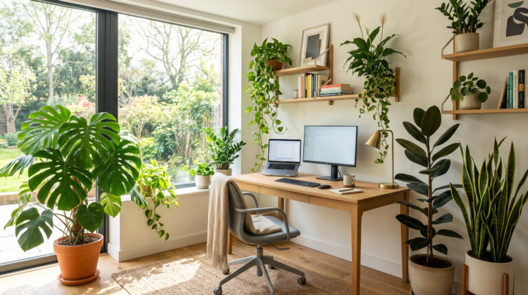 Modern home office filled with indoor plants creating a calm productive workspace.