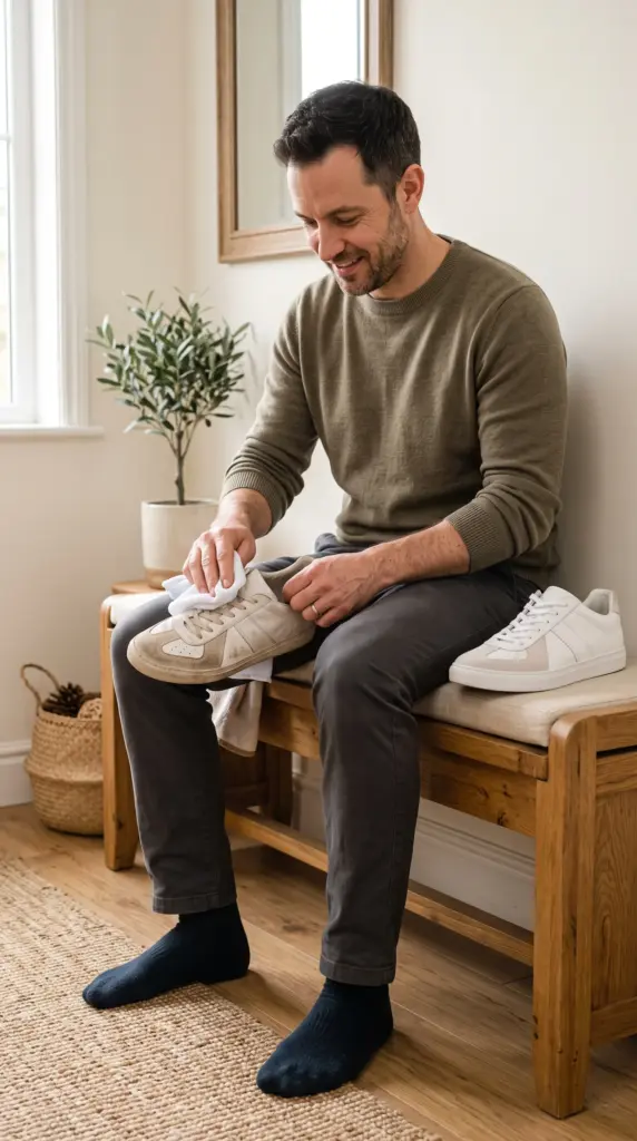 Adult man cleaning a pair of everyday shoes with a soft cloth