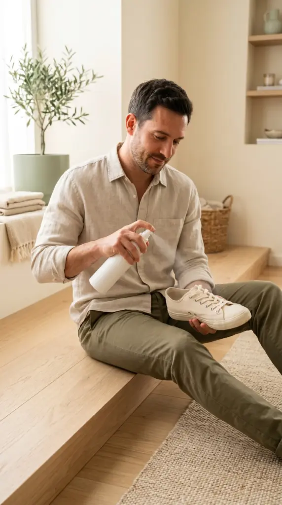 Adult man spraying the inside of a sneaker with shoe deodorizer