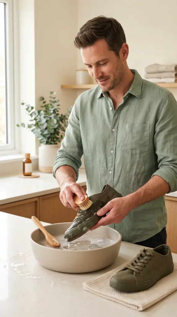 Adult man washing a pair of sneakers by hand