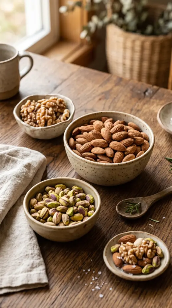 Assortment of almonds, walnuts, and pistachios in small bowls.