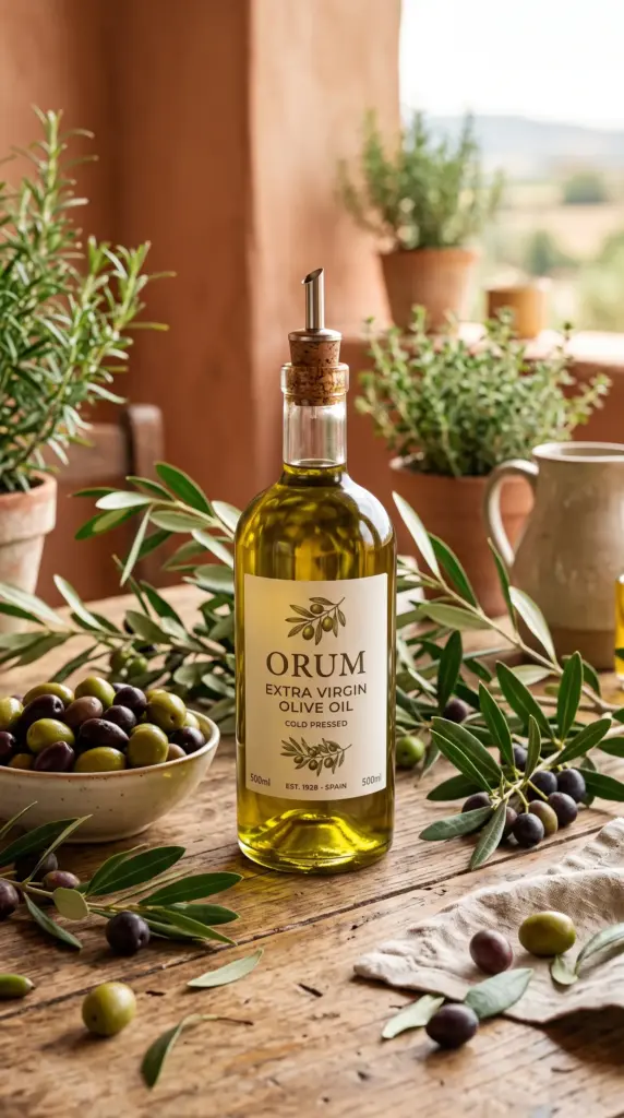 Bottle of extra virgin olive oil with olives and olive branches.