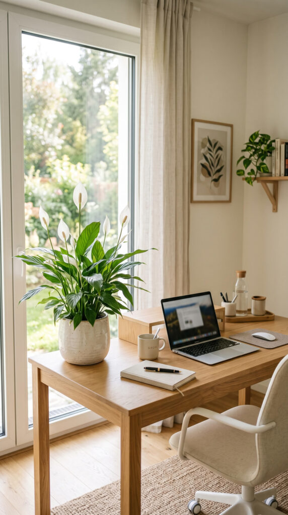 Peace lily with white blooms brightening a home office workspace.
