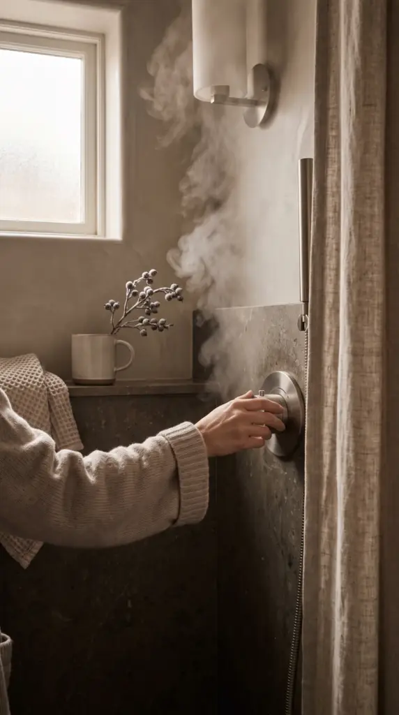 Person adjusting shower water temperature for a comfortable winter shower