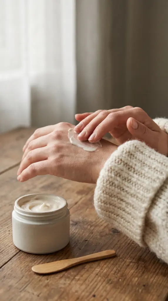 Person applying moisturizer to dry winter hands