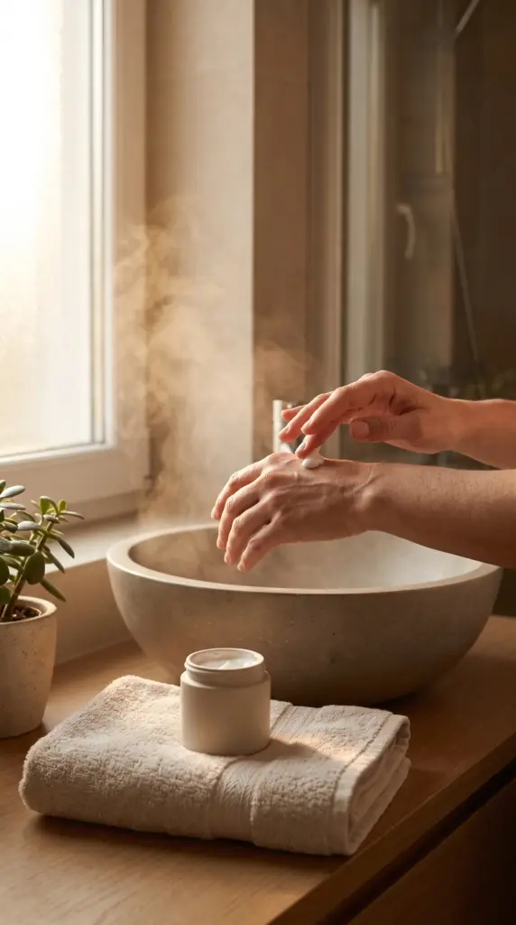 Person moisturizing dry hands after washing them in winter
