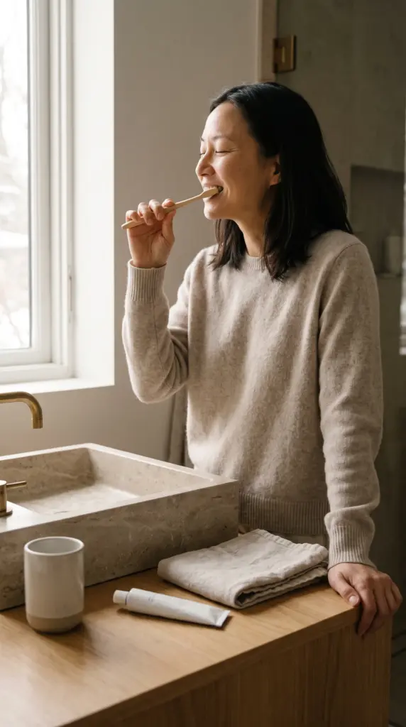 Person brushing teeth as part of a daily winter hygiene routine