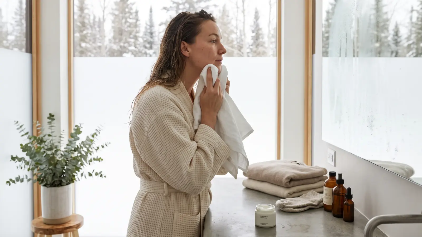 Woman following a clean winter hygiene routine in a modern bathroom