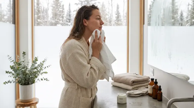 Woman following a clean winter hygiene routine in a modern bathroom