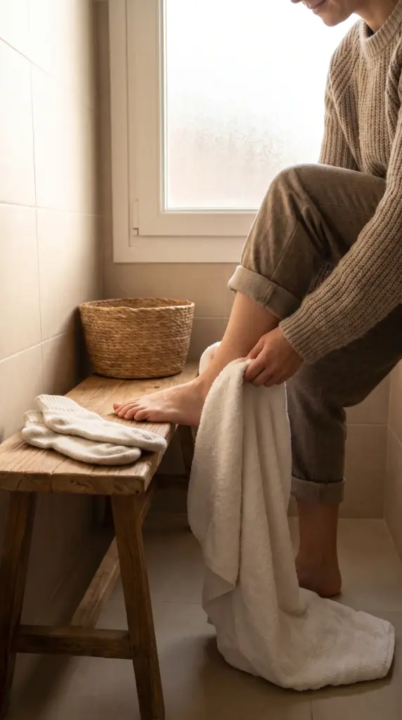 Person carefully drying their feet after washing them in winter