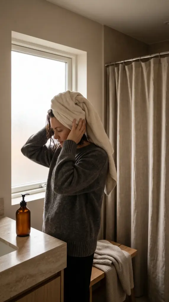 Person gently drying freshly washed hair during winter