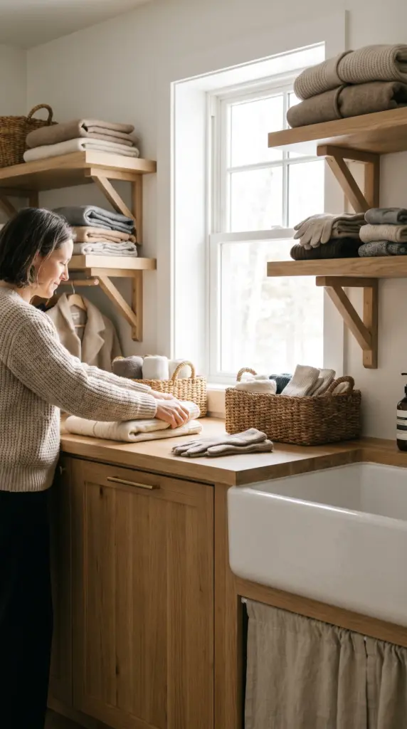 Person folding clean winter clothing and warm layers