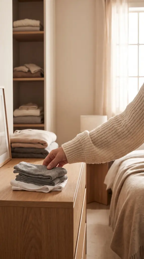 Clean underwear and warm socks prepared as part of a winter hygiene routine