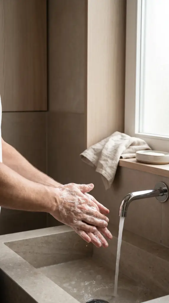 Person washing hands thoroughly with soap and running water