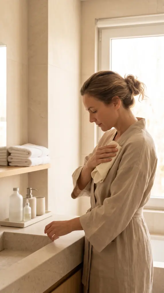 Person gently washing an underarm area as part of daily hygiene