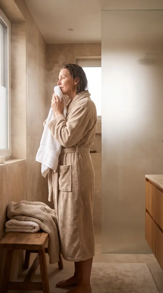 Person freshening up after a winter shower in a warm bathroom