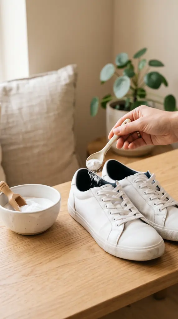 Baking soda being placed inside a sneaker to absorb odor