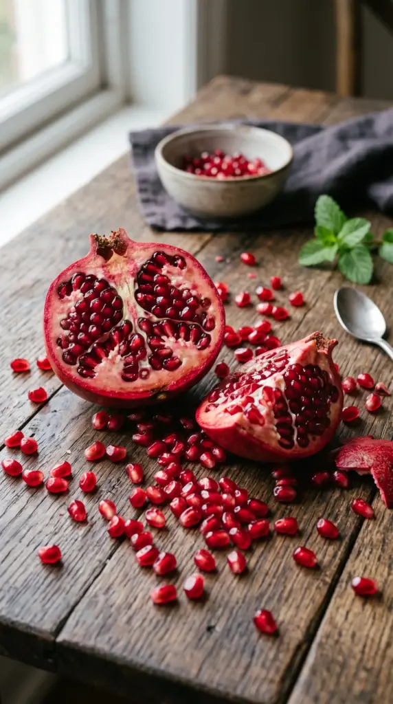 Open pomegranate with bright red seeds spilling onto a wooden table.