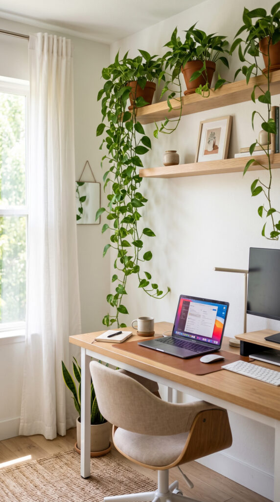 Trailing pothos vines cascading from shelves in a home office.