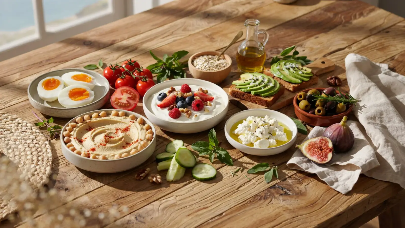Mediterranean breakfast spread with yogurt, eggs, avocado toast, vegetables, hummus, fruit, and whole grains
