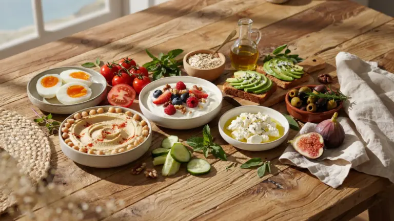Mediterranean breakfast spread with yogurt, eggs, avocado toast, vegetables, hummus, fruit, and whole grains