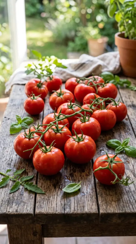 Fresh red tomatoes with green stems on a rustic wooden surface.