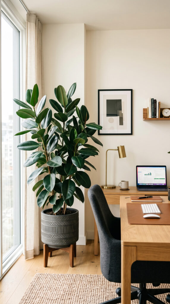 Large rubber plant creating a stylish focal point in a home office.
